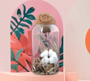 Terrarium avec boule en liège et fleurs séchées personnalisable