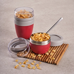 Bocal alimentaire avec deux compartiments de 350 ml et 230 ml - forme ovale et double paroi personnalisable