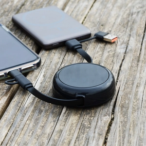 Câble dérouleur 4 en 1 charge rapide 20W en matériaux recyclés noir personnalisable