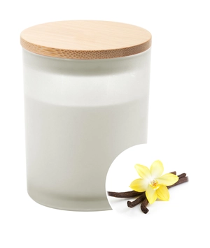 Bougie en cire végétale dans un verre dépoli avec couvercle bambou personnalisable