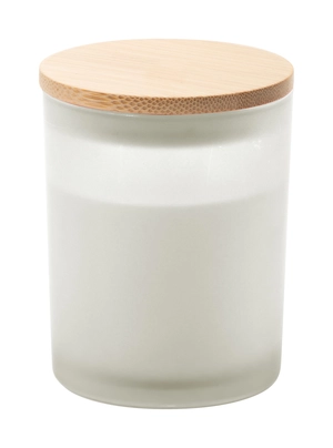 Bougie en cire végétale dans un verre dépoli avec couvercle bambou personnalisable