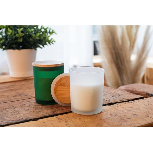 image du produit Bougie en cire végétale dans un verre dépoli avec couvercle bambou