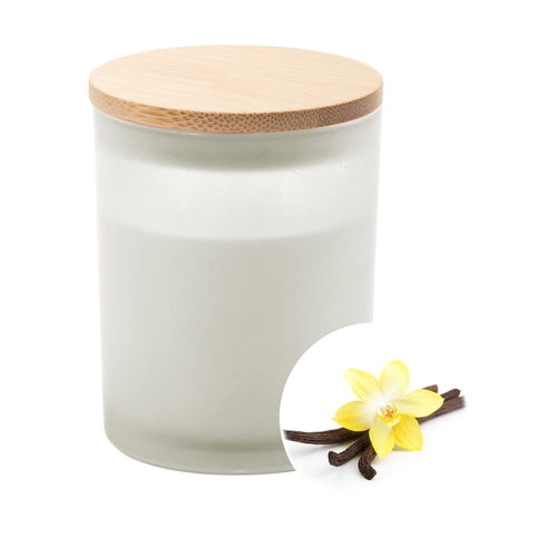 image du produit Bougie en cire végétale dans un verre dépoli avec couvercle bambou