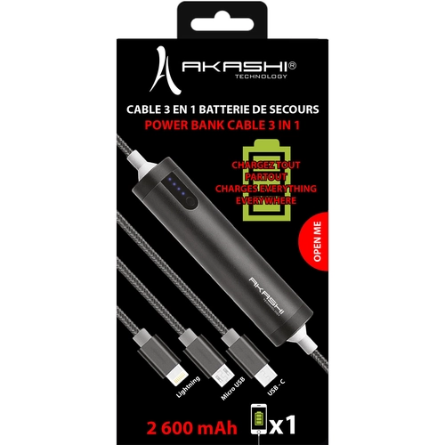 image du produit Câble USB 3 en 1 avec fonction batterie de secours 2600 mAh