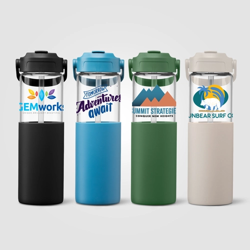 image du produit Gourde en verre avec manchon silicone et paille – 590 ml