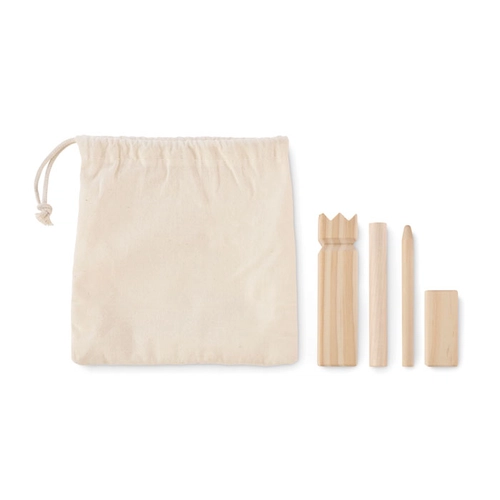 image du produit Petit jeu de lancer en pin présenté dans un sac en coton